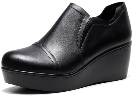 NEJKG Women's Leather Wedge Heel Slip On Booties Comfort Round Toe Non Slip Platform Ankle Boots Casual Shopping Walking Loafers (Black,9)