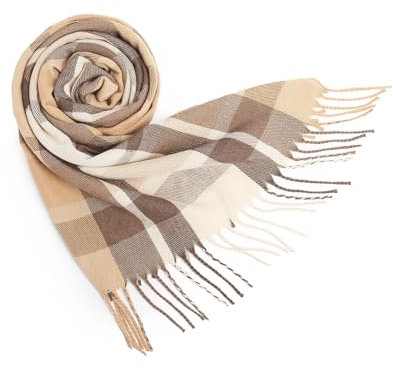 Damen Karierter Pashmina Schal – Weicher, Warmer Winterschal mit Quasten Oversize Plaid Stola & Kuscheliger Wrap für Herbst & Winter, Elegantes Geschenk für Frauen (Kamel)