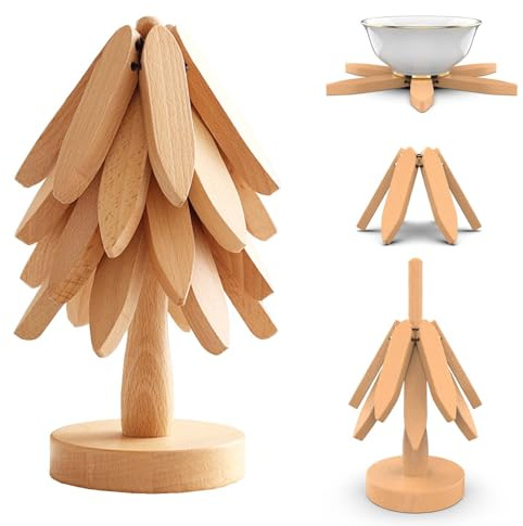 Untersetzer aus Holz für heiße Gerichte, Baumform, 4 Holzuntersetzer + 1 Ständer, natürlicher, faltbarer Küchenuntersetzer für heiße Gerichte, Töpfe, Schüssel, Teekanne, heiße Topflappen (Buchenholz)