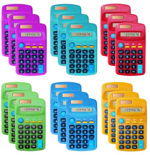 18 Pack Basic Calculators for Students, Pocket Calculator Bulk Classroom Mini Calculators Solar and Battery Dual Powered Handheld Calculator 8 Digit Display for Office School and Home (Colorful)