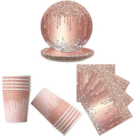 LAWALEISHE 72pcs Rose-Gold Party Tableware Set, Disposable Rose-Gold Paper Plates, Cups and Napkins, Solid Color Paper Tableware for Weddings, BBQ and Birthday Parties, Table Decorations