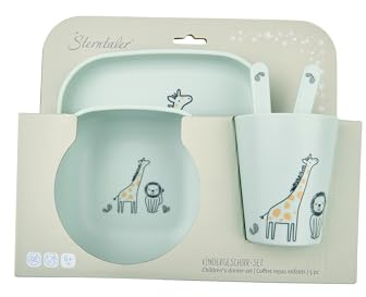 Sterntaler Set di stoviglie giraffa e leone, forma quadrata con motivo safari, piatto, ciotola, tazza e posate, durevole, per uso alimentare, per neonati e bambini, set regalo, verde pallido