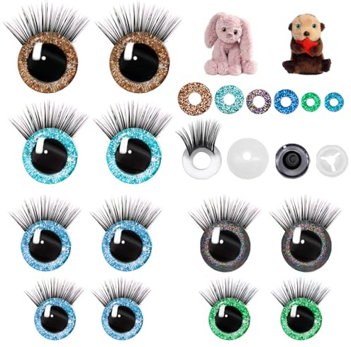 JJYHEHOT 12 Stück Glitter Sicherheitsaugen mit Wimpern und Unterlegscheiben | Sicherheitsaugen Puppenaugen, Kunststoff Basteln Augen für DIY Basteln, Marionette Puppenherstellung Tieraugen
