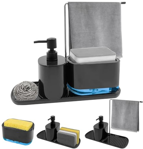 Druuzyl Spülmittelspender Set Schwarz für Küche – Seifenspender mit Tablett, Schwammhalter und Nachfüllfunktion, Universal für Küchenspüle, 4-TLG. Spender-System