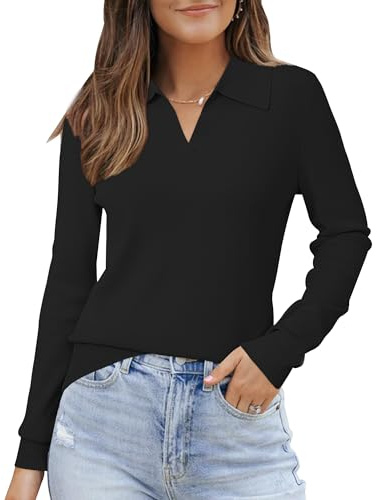 Arach&Cloz Women's Jumper Spring Fall Soft Long Sleeve Business Polo Knit Tops Wool Blend Sweater(Black, XL)