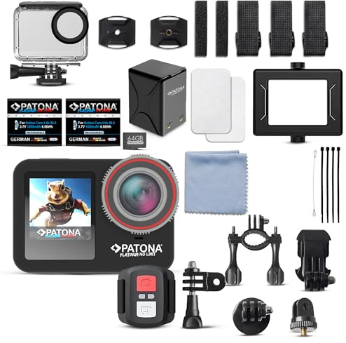 PATONA Action Cam Life SL5, 6K, 90 fps, 64 MP | EIS, 170° 7G+IR | Étanche | Grand kit : 2 batteries + chargeur double + carte 64 Go | Nombreux accessoires
