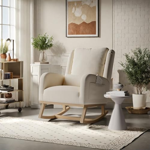 Aneutr Fauteuil à Bascule, Fauteuil de Salon avec Coussin Rembourré, Poche Latérale et Accoudoirs, Rocking Chair Allaitement en Lin pour Salon, Chambre à Coucher, Beige