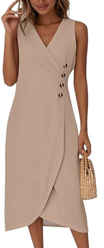 Générique Robe Longue Femme Ete Chic Et Elegant Été De Soiree Cocktail Robes Portefeuille Asymétrique Imprimé sans Manches Sexy Dress Pas Cher pour De Bal Mariage Noces De Fête Kaki M