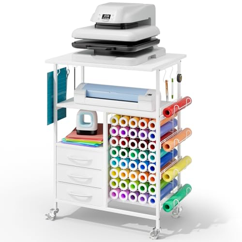 Homsorout Beweglicher Hitzepressetisch - 6-stöckiger Hitzepressständer mit Schubladen und Vinylrollenhalter, Bastelschranktisch, kompatibel für Cricut Craft Schneidemaschinenständer Workstation (weiß)