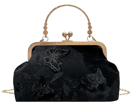 ANNUOZE Clutch Bags for Women, Elegant Embroidery Butterfly Floral Evening Black Handbag, Vintage Cross Body Bag, Top Handle Bag for Bridal Wedding Party Prom (Black)