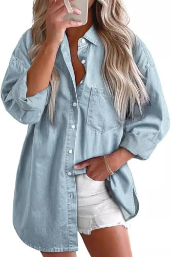 EUDOLAH Mujer Camisa Vaquera Denim Suave Corte Oversize Casual con Bolsillos y Cuello Polo(4XL,Azul Claro)