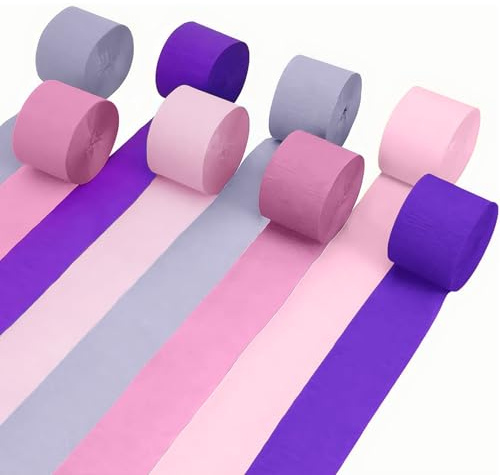Forbabe 8 Rollos de Papel Crepé Rosa Violeta 4.5 cm x 25 m, Cinta de Papel Crepé Rosa Violeta para Decoraciones de Fiestas, Cumpleaños, Baby Shower y Bodas, Papel Crepé para Decoraciones de Eventos y