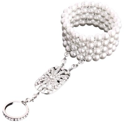 Elegant Faux Pearl Bracelet 1920s Gatsby Flapper Pearl Bracelet Finger Ring Rhinestone Geometric Galaxy Statement Link Chain Tassel Vintage Harness Chain Wedding Party Cocktail Jewelry Gift(Silver)