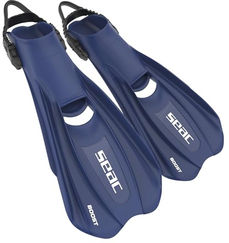 SEAC BOOST – Pinne da Snorkeling e Sub con Cinturino Sling Ultra Confortevole | Da Usare Anche Senza Calzari o Calzini | Extra Leggere, Antiscivolo, Blu, L/XL