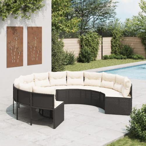 Bucmath Rundes Gartensofa Schwarz aus Poly-Rattan, 287 cm Durchmesser, mit Cremeweißen Kissen, UV-beständig, für Terrasse und Garten, 12 Rückenkissen und 6 Sitzkissen