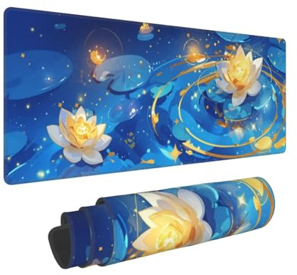 Alfombrilla Ratón XXL Gaming 1400x600x3mm, Grande Alfombrilla Ratón Azul Patrón Mouse Pad Gaming, Tapete Rato Loto Impermeable y Antideslizante Base de Goma para Decoracion Escritorio Hogares 0E-564