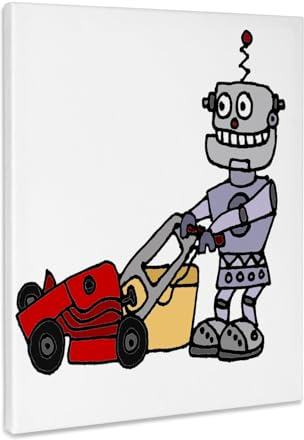 3dRose Funny Robot is Mowing Grass with a Red Lawn Mower Cartoon Museum Grade Canvas Wrap 16x20