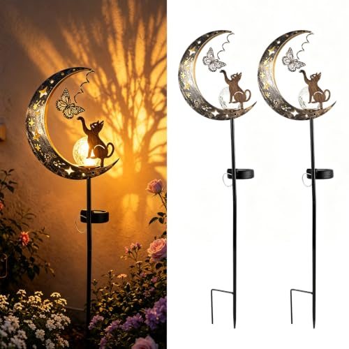 Lot de 2 Lampes Solaires Jardin Extérieur, Décoration Métal Chat sur Lune avec LED Jaune Chaude, Lampe Solaire Lune avec Piquet pour Terrasse, Balcon, Pelouse et Patio,Idée Cadeau pour Amoureux Chats