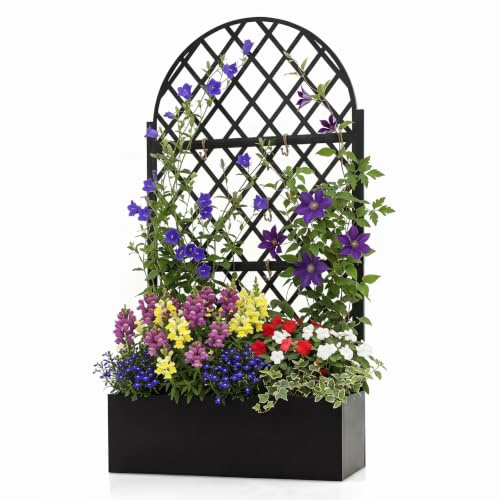 HOMASIS Jardinière avec Treillis en Métal (Demi-Cercle,90 x 40 x 180 cm) | Bac à Fleurs Surélevé Trous de Drainage pour Plantes Grimpantes, Jardinière Brise-Vue Extérieure