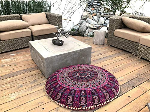 GANESHAM Indian Mandala Tapisserie, runde Sitzplätze Mandala Kissen, Meditation Kissenbezug, Handgemachte Kissenbeilage, runde Mandala Kissen Wurf (Violett)