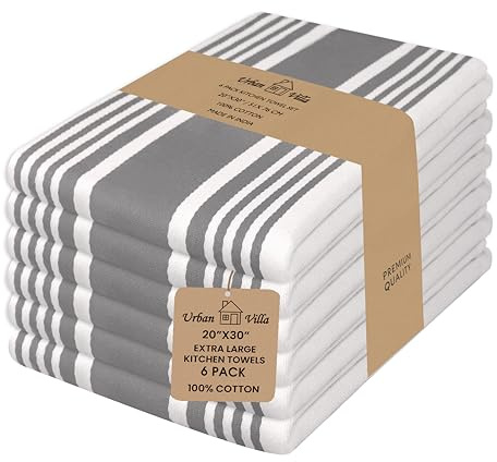 Urban Villa Kitchen Towels 100% Cotton Dish Towels for Kitchen (Set of 6) 20”x30” Dish Cloths Highly Absorbent Kitchen Linen Set with Hanging Loop Perfect for Drying Dishes Cleaning Towels-Grey White