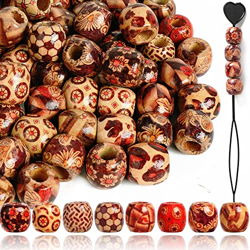 SOSMAR 100 Stück x 17mm Holzperlen Bedruckt mit Perlen Einfädler, Holzkugeln mit Loch Groß 7mm, Indianer Schmuck Perlen zum Basteln Makramee Armband Dreadlocks etc.