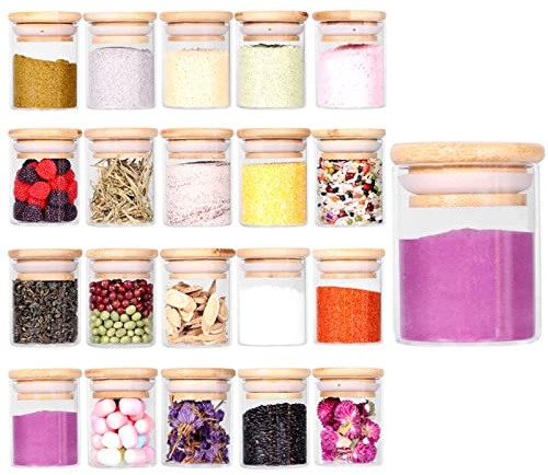 Tzerotone Spice Jar Set,2.5oz 20 Piece Glass Jar with Bamboo Airtight Lids and Labels, Mini Clear Food Storage Containers for pantry, kitchen canisters for Tea, Herbs, Sugar, Salt, Coffee
