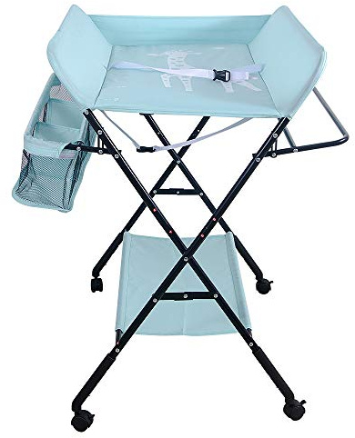 Klappbare Baby Wickelkommode, Wickeltisch mit Ablageflächern, Rollen, Kissen mit Höhenskala, 80 × 66 × (92-95-98) cm, Grün
