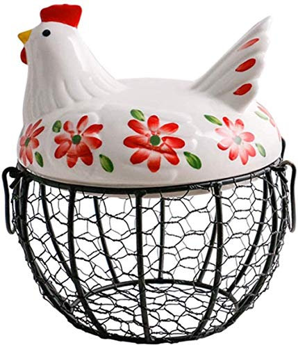 Kitchen Craft-Hueveras cesta Cesta de huevo negro | Forma de tapa de pollo de cerámica | Cesta de alambre de malla metálica con asas | Para el almacenamiento de huevos/fruta Regalos creativos