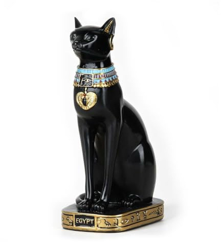 Estatua de gato egipcio Estatua de resina de oro negro, escultura de la diosa Bastet antigua decoración egipcia, gran ornamento animal mítico para la estantería de la oficina del hogar, 13,6 pulgadas