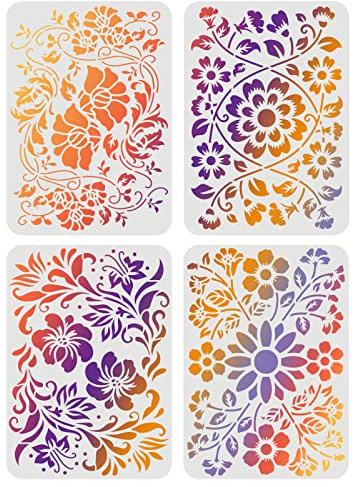 FINGERINSPIRE 4 Stück Folklore-Blumenschablonen 29,7x21cm Flourish-Schablonen zum Malen Blumenschablonen zum Malen auf Holz und Leinwand Wiederverwendbare DIY-Kunst- und Bastel-Pflanzenschablonen