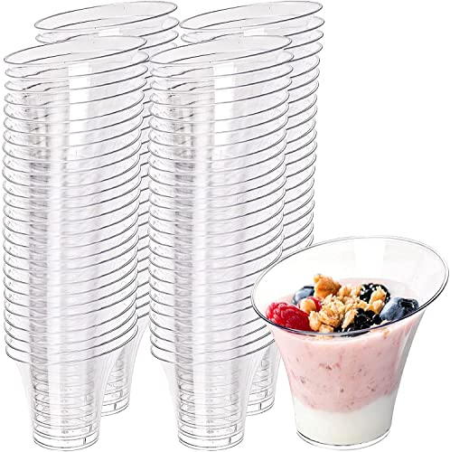 LATERN 50 Piezas Vasos de Postre de Plástico, 180ml Tazas de Postre Redondas Inclinadas Copa de Aperitivo Transparente Parfait Tazón para Servir Reutilizable para Fiesta de Mousse Pudín (7,3 x 6cm)