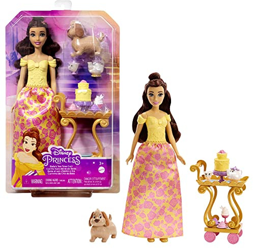 Mattel Princesses Disney Coffret Belle et son Chariot à Thé, Poupée Belle avec habillement brillant, chariot à thé, amis et nourriture, Jouet Enfant, Dès 3 ans, HLW20