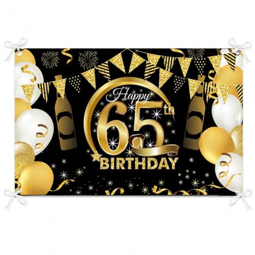 PLATEYTR 65 Años Decoración de Fiesta de Cumpleaños65 Años Fondo de Cumpleaños de Oro Negr,65 Años Banner de Fondo de Feliz Cumpleaños,Póster de Tela Cartel Extra Grande