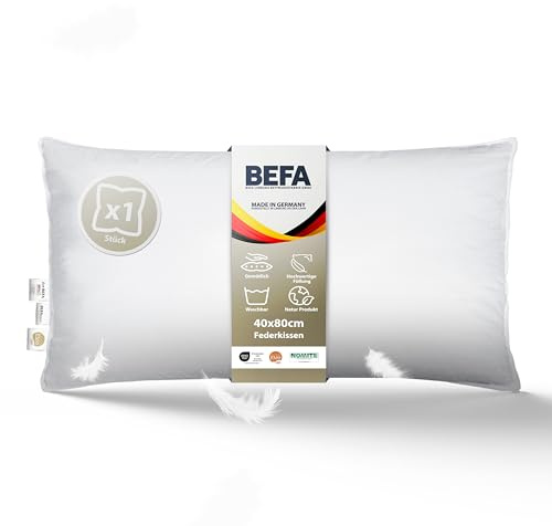 BEFA NATUR - prodotto in Germania, cuscino in piume 40x80 cm con 100% piume, adatto per allergici (Nomite), certificato Öko-Tex 100 Classe 1, standard EN 12934, Downpass