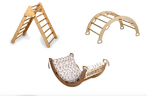 Montessori Kletterset mit Kletterdreieck & Kletterbogen | Kletterbogen mit Kissen | Holz Kletterbogen mit Kissen und Kletterdreieck | Klettergerüst Set mit Kissen (Origami)