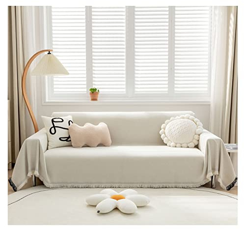 KAISUN Sofabezug 2 3 4 Sitzer Multifunktionale Dekorative Sofa Überwurf mit Quasten, L U Form Ecksofa Sofa-Handtuch Abwaschbar (Color : Beige, Size : 180x130cm)