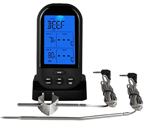 NInE-ROnG Termometro Digitale per Carne Senza fili Timer da Cucina con Doppia Sonde Termometro di Cottura per Manzo Smoker Oven Grill BBQ (nero)