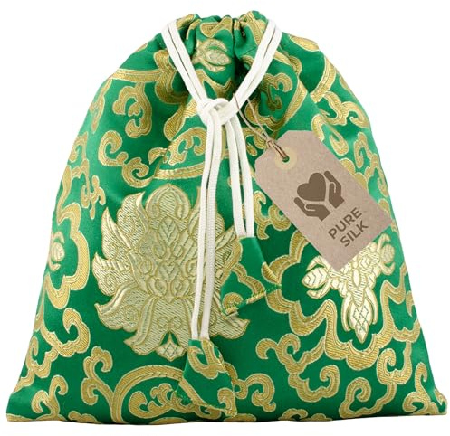 Avanda sac/pochette pour bols chantants jusqu'à Ø 15 cm, pure soie du Népal, cordon de serrage pratique, travail manuel traditionnel, vert-or