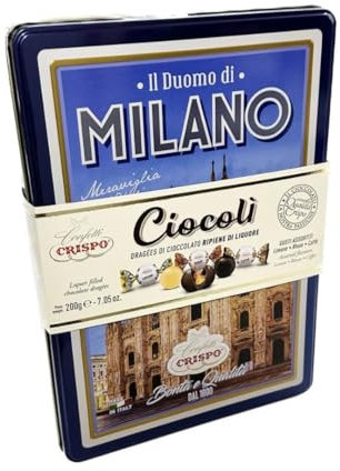 Crispo Cioccolatini Ciocolì - Elegante Scatola in Latta con Rappresentazione Città - Napoli, Firenze, Capri, Venezia, Milano, Roma - Cioccolatini Assortiti Limone, Rhum, Caffè (Milano)