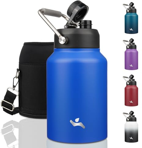 Konokyo Half Gallon Jug with Handle,64 oz Insulated Water Bottle with Carrying Pouch,Double Wall Vacuum Stainless Steel Metal Bottle,Blue