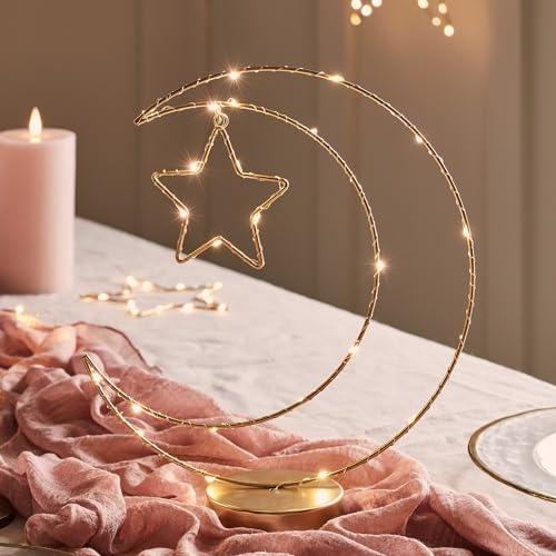 Lights4fun LED Halbmond und Stern Tischlampe Gold Timer batteriebetrieben Innenbereich Ramadan Eid Mubarak Bayram Tischdeko Deko 25cm رمضان