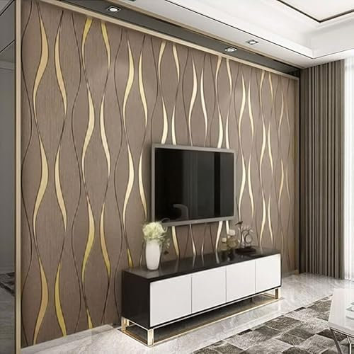 Snewvie Brown Wallpaper Wave Stripes Glitter Wallpaper 3D Effect Textured Wall Paper Flocking Embossed Roll Wallpapers for Living Room Adults Bedroom Hallway Kitchen