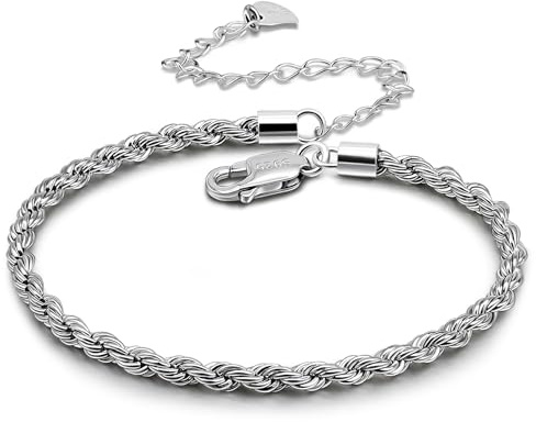 Dankadi Bracelet de Cheville en 925 Argent 3MM 4MM 4.5MM 5MM 6MM, Chaîne 27CM 30CM Chopin Torsadé Cubain Boîte Rolo Serpent Fermoir Figaro Cadeau Bijoux pour Femme (3MM 30CM, Chaîne Torsadée Argent)