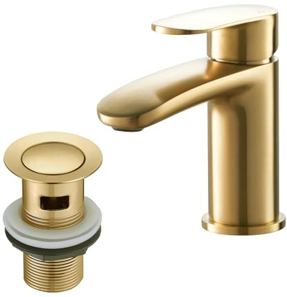Basin Mixer Tap with Drain, BATHWEST Brass Bathroom Sink Taps with Waste, Modern Bathroom Taps with Pop Up Waste 492GO (Gold, Large)