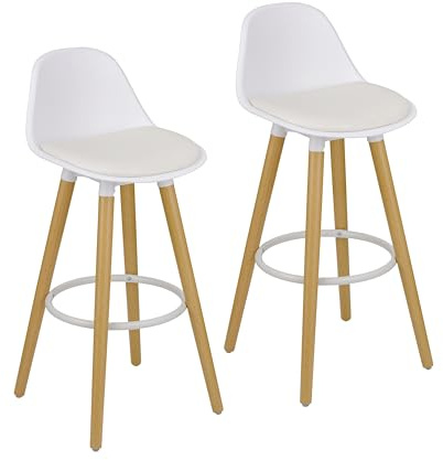 Baroni Home Set 2 Sgabelli, con Schienale e Cuscino, Poggia Piedi - Design Moderno in PU e Legno Acciaio per Casa e Ristorante, 40x42x92 cm, Bianco
