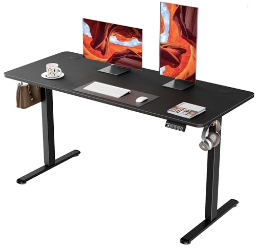 ERGOMAKER Elektriskt Skrivbord 140x60cm, 2 minnespositioner, Svart | Höjdjusterbart skrivbord 73-118cm, Maxlast 70kg, 2 Krokar, Smart panel med säkerhetslås, Lamellskiva, Hemmakontor & gaming