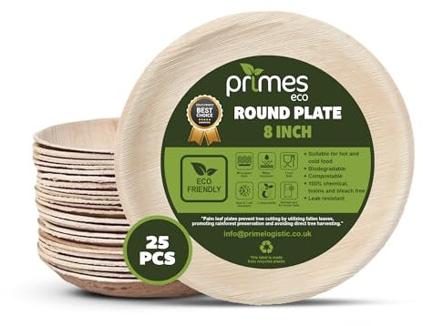 PRIMES ECO 8 INCH Round Palm Leaf Plates 25 PCS Large Disposable Plates Set Eco-Friendly, Biodegradable & Compostable Party Plates, Microwave & Freezer Safe Dinner Plates for Weddings, BBQ, Picnic