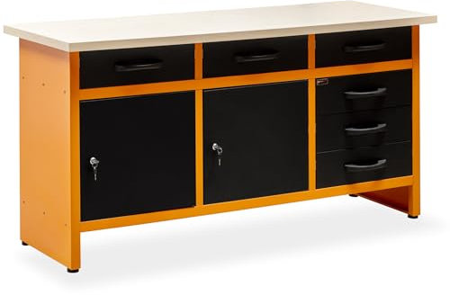 METALLMOBELL - Banco da Lavoro Officina | 160x60x84cm, con Cassetti e Armadietto | Tavolo da Lavoro Garage, Banchetto da Lavoro, Banco da Falegname, Banco da Lavoro Garage, Banco Lavoro MB010N