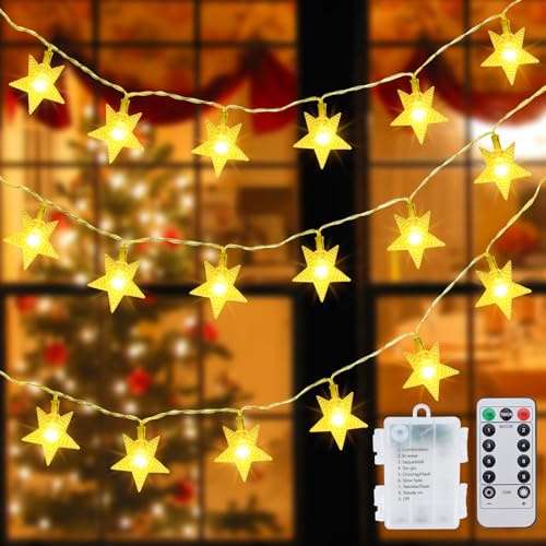Led Lichterketten Sterne Innen, 6M 40LED Stern Weihnachtsbeleuchtung Außen Batteriebetriebene Lichterkette Innen 8 Modi Wasserdicht Weihnachts Deko Aussen für Garten Weihnachtsbaum Camping,Warmweiß